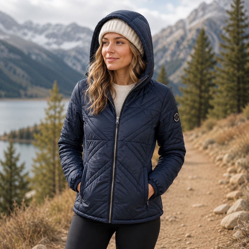 Karl Lagerfeld Paris Womens Navy Blue Quilted Hooded Puffer Jacket Size Medium